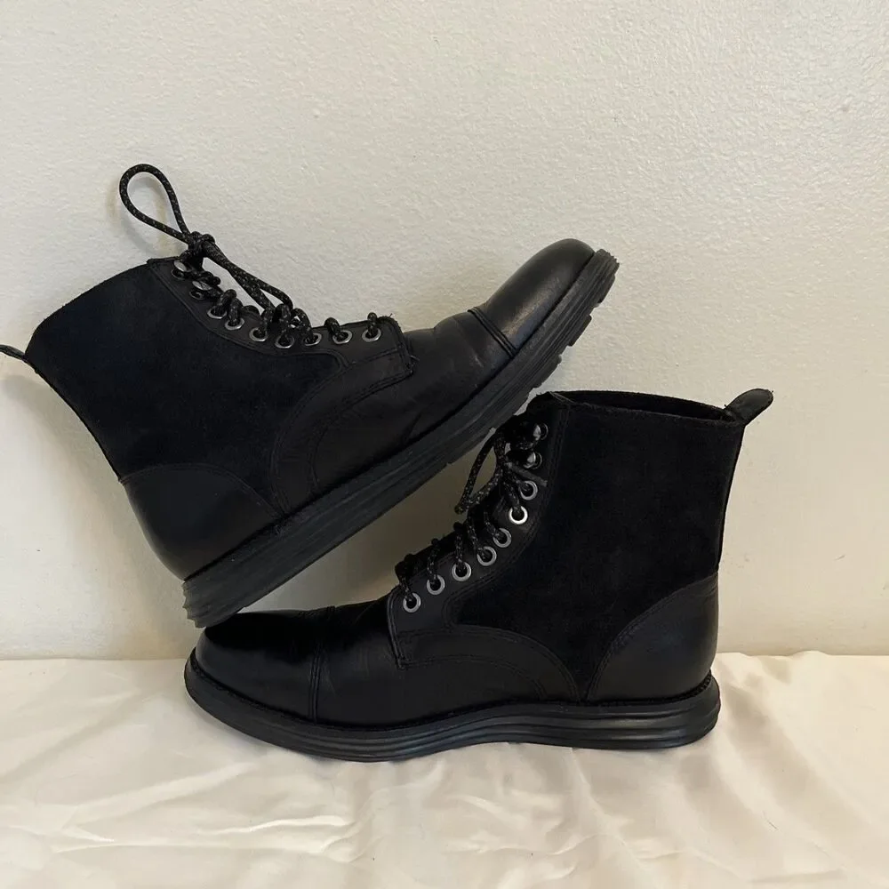 COLE HAAN Mens Leather Lunargrand Lace Waterproof Ankle Boots, Black- Size 7.5